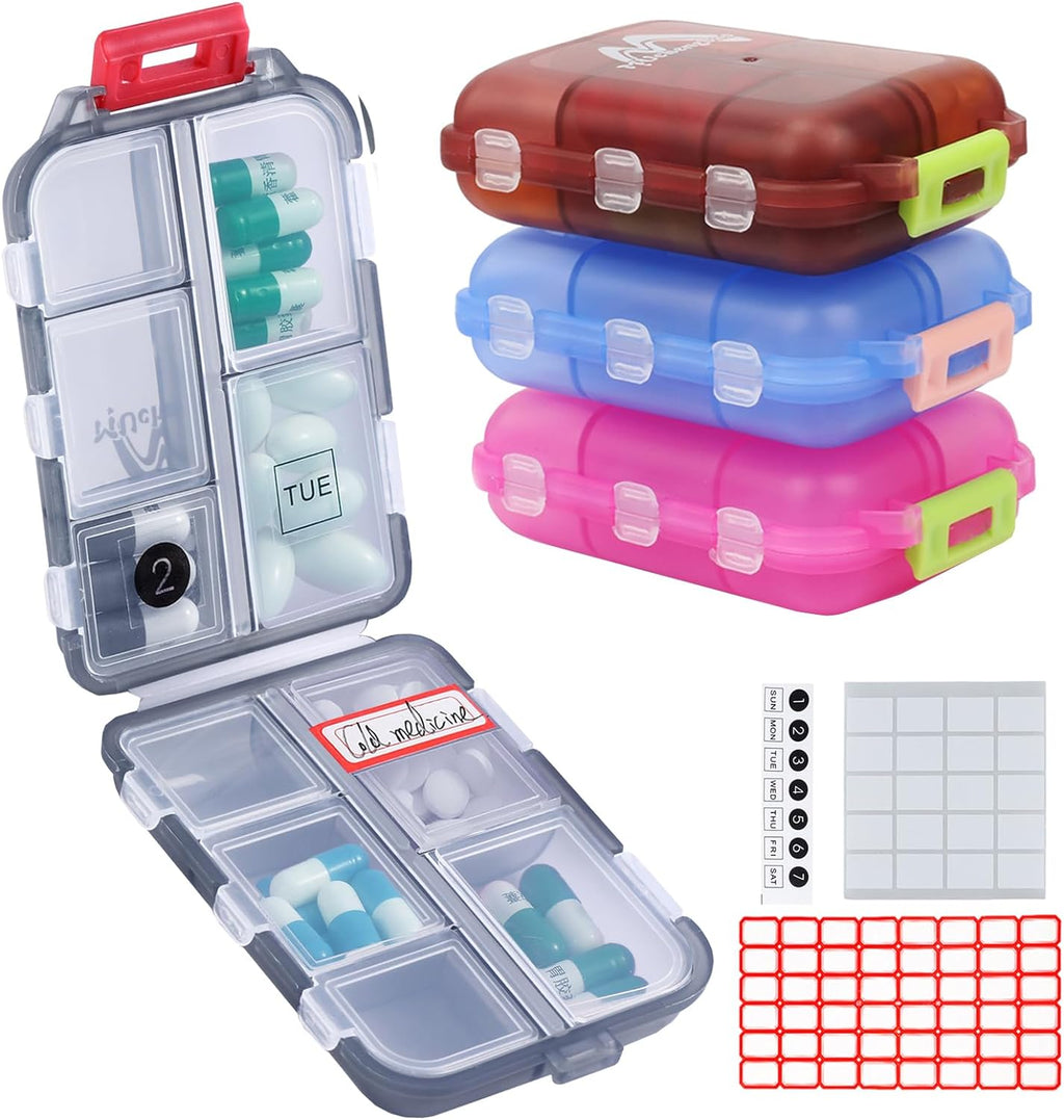 4PS Travel Pill Organizer with 164 Slice Labels，10 Compartments Travel Pill Box Portable Folding Small Pill Case Daily Pill Container Used for Carry Storage Medicine Organizer By M MUchengbao