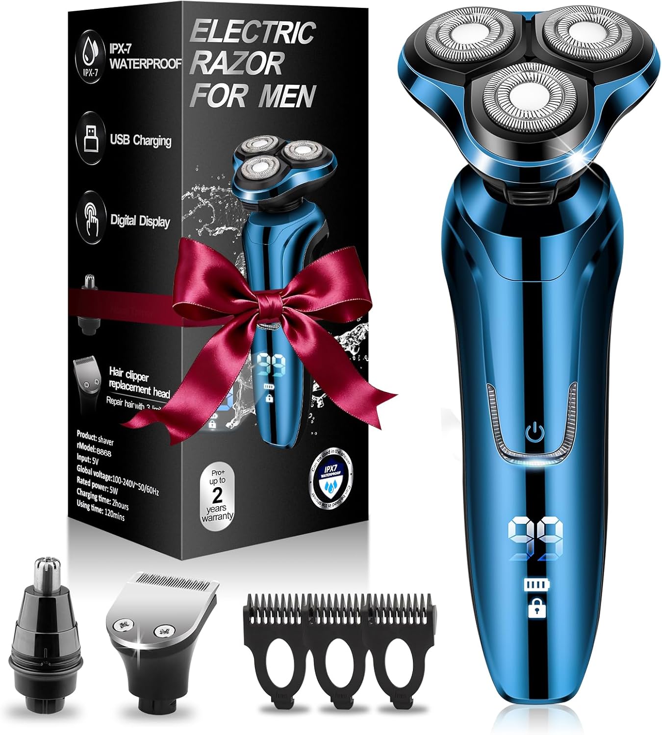 Electric Razor for Men, Shaver for Men Face,Waterproof Wet Dry Electric Shavers LED Display Cordless with Rechargeable Nose Hair Trimmer and Beard Trimmer,Prtable Travel Men's Razors