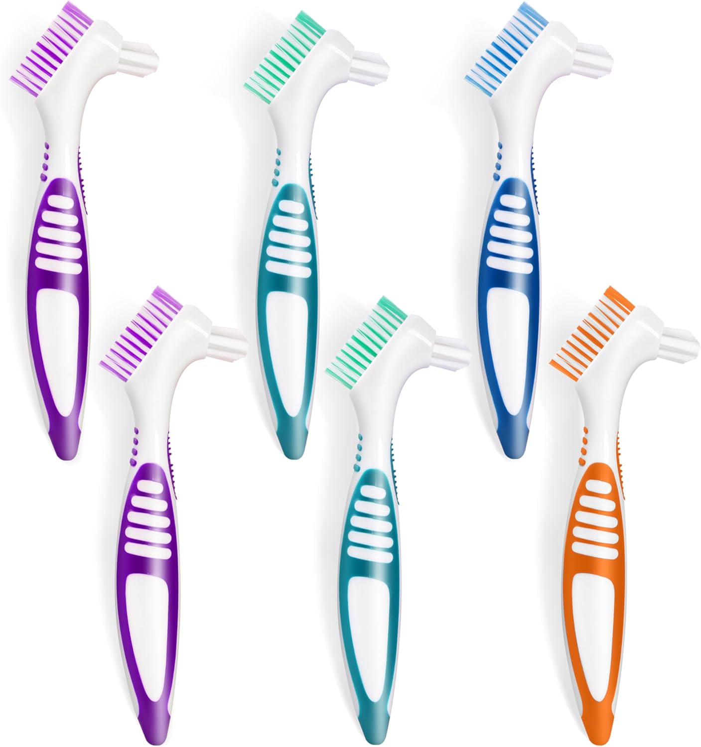 TaShow 6 Pcs Denture Brush Set for False Teeth, Denture Toothbrushes with Double Sided Design, Denture Cleaning Brush with Multi-Layered Soft Bristles and Rubber Anti-Slip Handle, 4 Colors