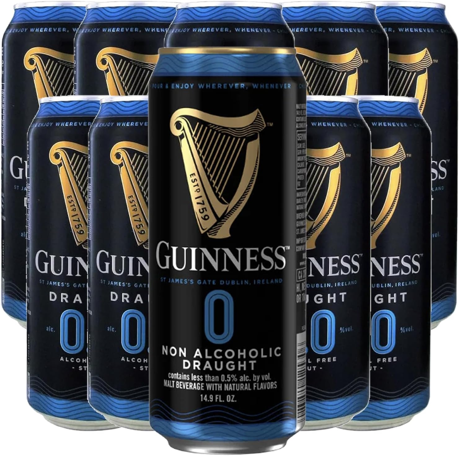 Guinness 0 Zero 10 Pack Non-Alcoholic Draught Stout Beer | 14.9oz Cans | Alcohol-Free Brew