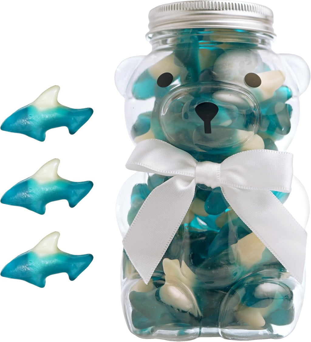 Bear Necessities Blue Gummy Sharks in Bear Jar - Cute Bow, Hand-Jarred Gummy Candy Gift - Sourced & Made in the USA, Fun Gift & Stocking Stuffer - Artisanal Candy Treats & Assorted Gummies - 1 Jar