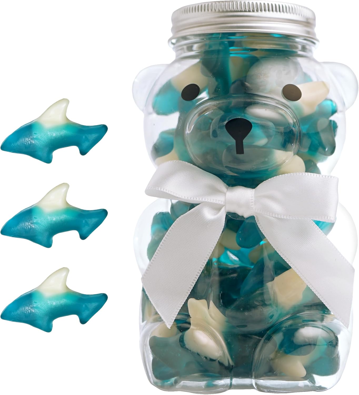 Bear Necessities Blue Gummy Sharks in Bear Jar - Cute Bow, Hand-Jarred Gummy Candy Gift - Sourced & Made in the USA, Fun Gift & Stocking Stuffer - Artisanal Candy Treats & Assorted Gummies - 1 Jar
