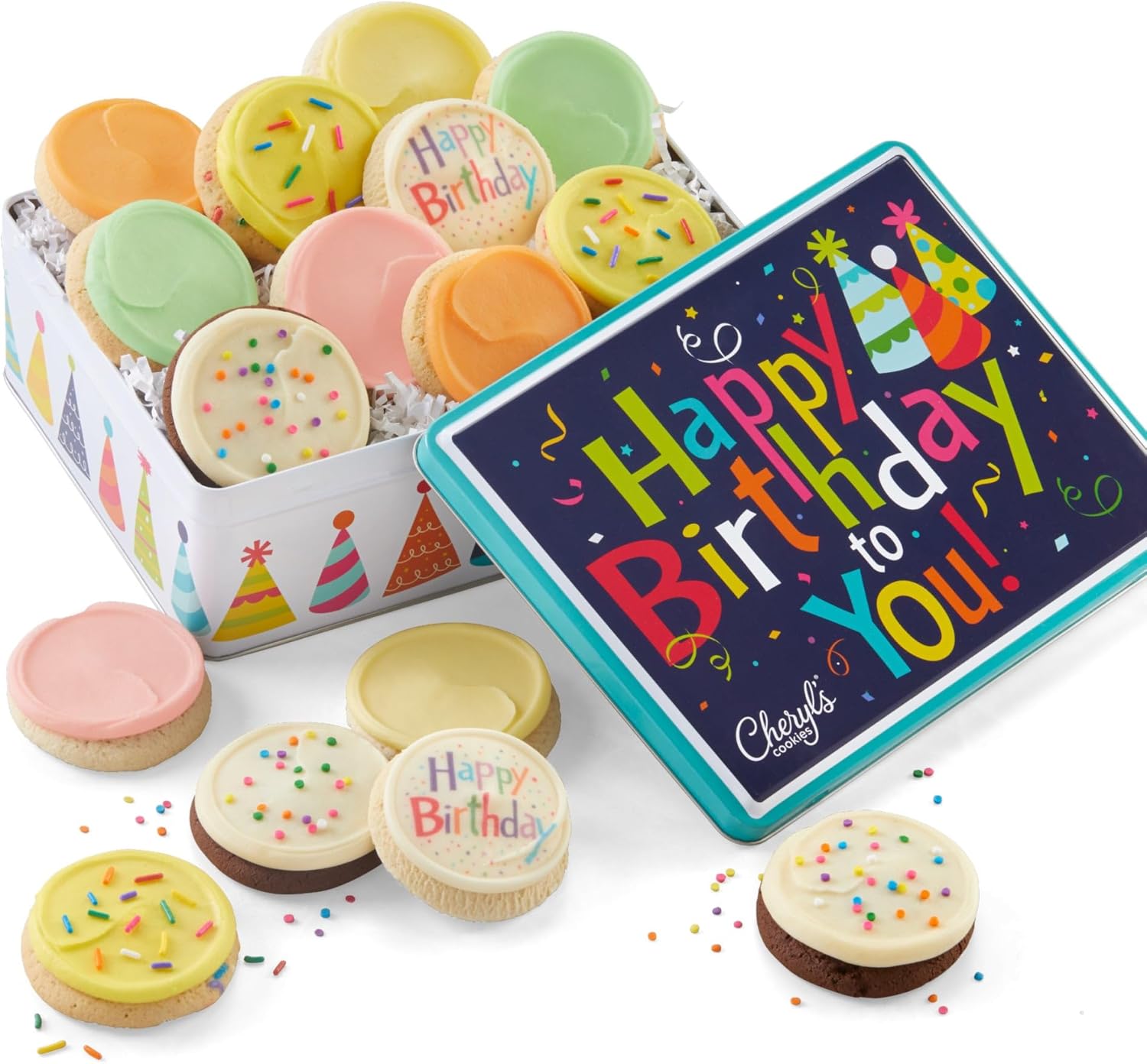 Cheryl's Cookies® Birthday Cookie Gift Tin,16 Individually Wrapped Buttercream-Frosted Cookies, Birthday Cake, Sugar, Chocolate Cake, Key Lime, Orange Citrus, Fruity Flavors, Kosher, Birthday Gift
