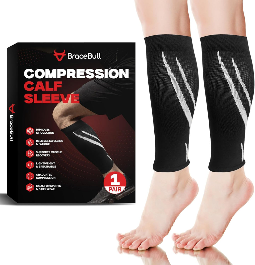 Calf Compression Sleeves for Men & Women (1 Pair), Footless Compression Socks for Leg Support, Shin Splints, Running, Fitness, Travel, Breathable Nylon & Spandex Calf Sleeves, Black