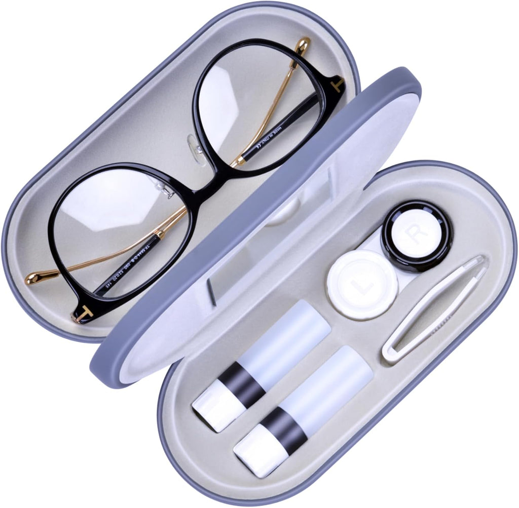 Muf 2 in 1 Double Sided Portable Contact Lens Case and Eyeglasses Case,Dual Use Design with Built-in Mirror,Tweezer and Contact Lens Solution Bottle Included for Travel Kit,Grey