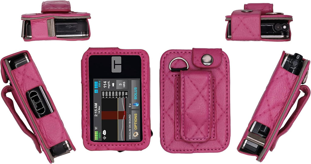 Premium Diamond Check Pattern Holster (with Belt Clip/Metal Loop/Lanyard) for Tandem Diabetes Care Insulin Pump T:Slim X2 (All Models) (HotPink)