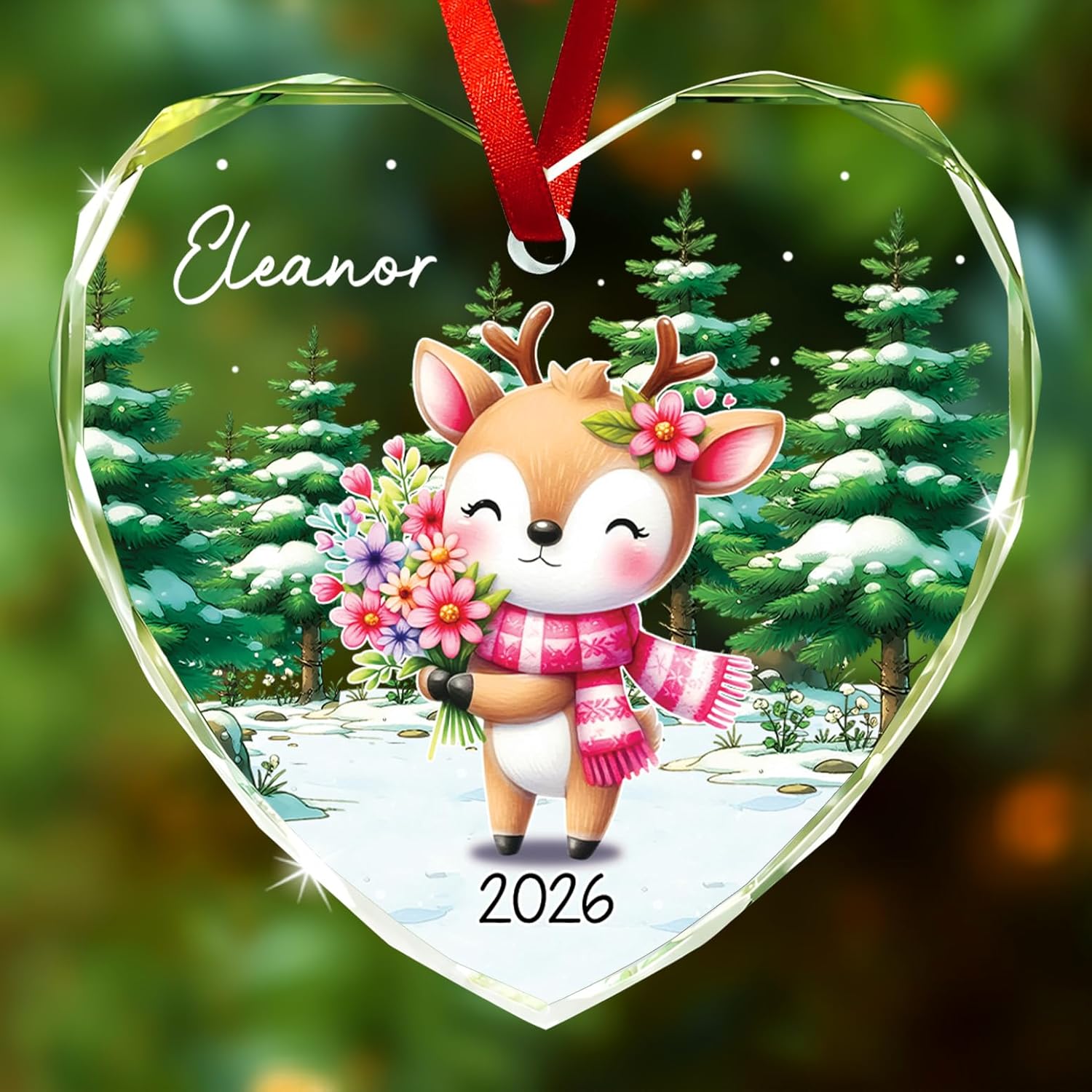 Custom Reindeer Glass Ornament Christmas 2026, Personalized Reindeer Lover Christmas Ornament with Name, Animal Xmas Ornaments Gift for Son Daughter Dad Mom, Woodland Animal Glass Keepsake