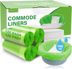 XUEPETT 120 Pack Commode Liners with 120 Super Absorbent Pads, Disposable Leakproof Bags for Bedside Commode, Universal Fit for Standard Toilet Chair Buckets