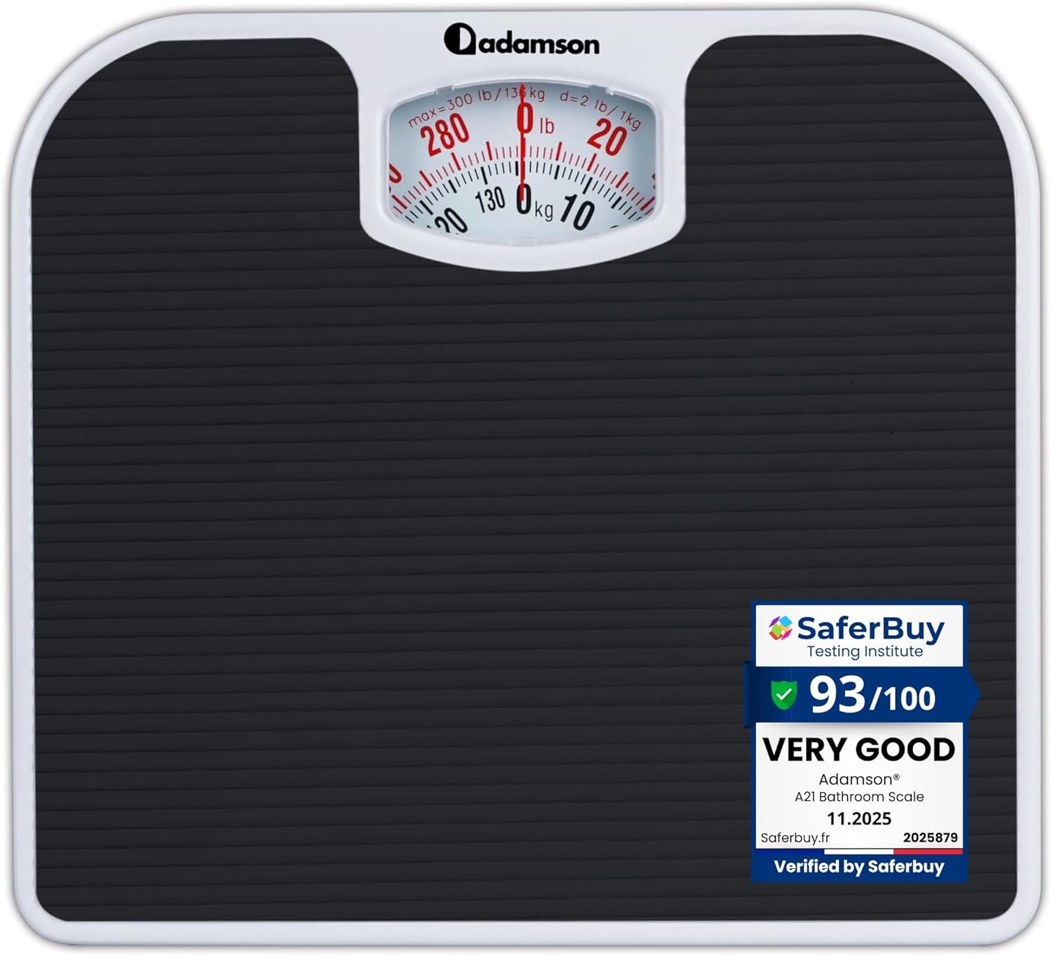 Adamson A21 Analog Scales for Body Weight - Up to 300 LB - New - Anti-Skid Rubber Surface + Large Numbers - Analog Bathroom Scale - Affordable - Durable with 20-Year Assurance - Black
