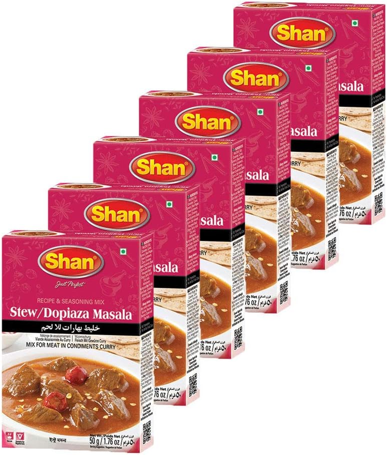 Shan Stew/Dopiaza Recipe and Seasoning Mix 1.76 oz (50g) - Spice Powder for Meat in Condiments Curry - Suitable for Vegetarians - Airtight Bag in a Box (Pack of 6)