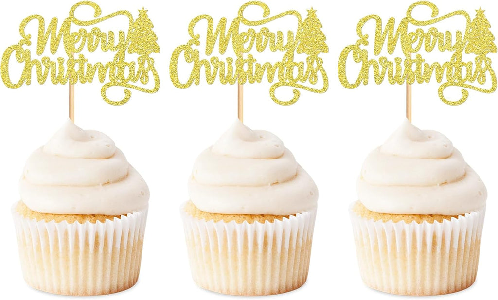 24 Pack Merry Christmas Cupcake Toppers Red Xmas Holiday Cupcake Picks for Christmas Party Cake Decorations Gold