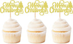 24 Pack Merry Christmas Cupcake Toppers Red Xmas Holiday Cupcake Picks for Christmas Party Cake Decorations Gold