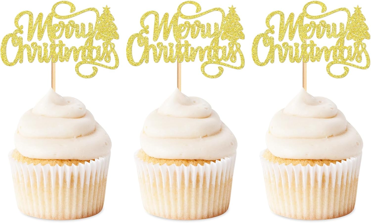 24 Pack Merry Christmas Cupcake Toppers Red Xmas Holiday Cupcake Picks for Christmas Party Cake Decorations Gold