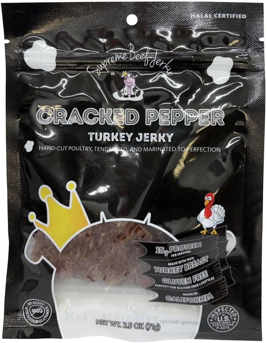 Supreme Beef Jerky, Halal Turkey Jerky, Zabiha Halal Certified Jerky, Gluten Free, Handcrafted Gourmet Meat Snacks, 2.5 oz Cracked Pepper Turkey, 2.5 Ounce, Pack of 1