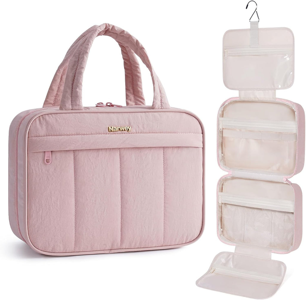 Narwey Hanging Travel Toiletry Bag for Women, Quilted Makeup Bag Organizer with Handle, Portable Toiletries Bag for Travel Essentials, Accessories, Brushes, Cosmetics (Pink)