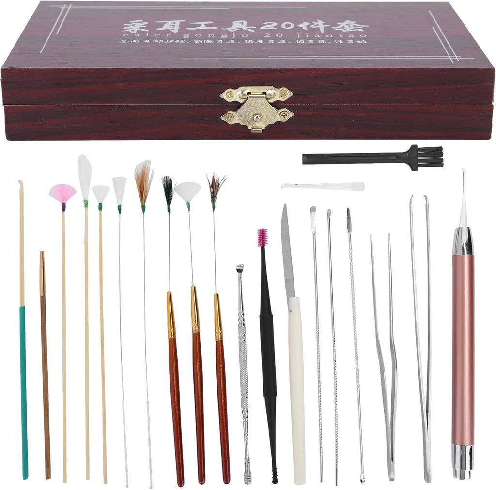 20Pcs Ear Wax Removal Tools, Stainless Steel Earwax Remover Kit Deeply Clean Massage Relaxing Ear Spoon Curette Tweezers Goose Feather Stick Set Ear Pick Earwax Cleaner Set