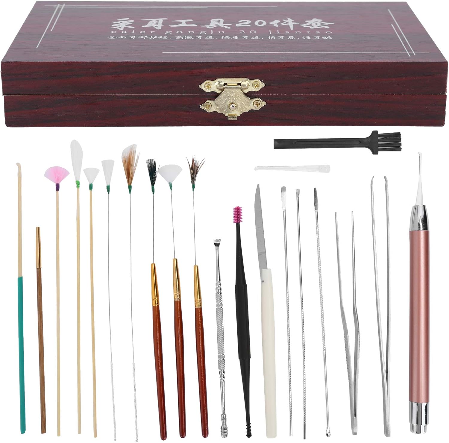 20Pcs Ear Wax Removal Tools, Stainless Steel Earwax Remover Kit Deeply Clean Massage Relaxing Ear Spoon Curette Tweezers Goose Feather Stick Set Ear Pick Earwax Cleaner Set