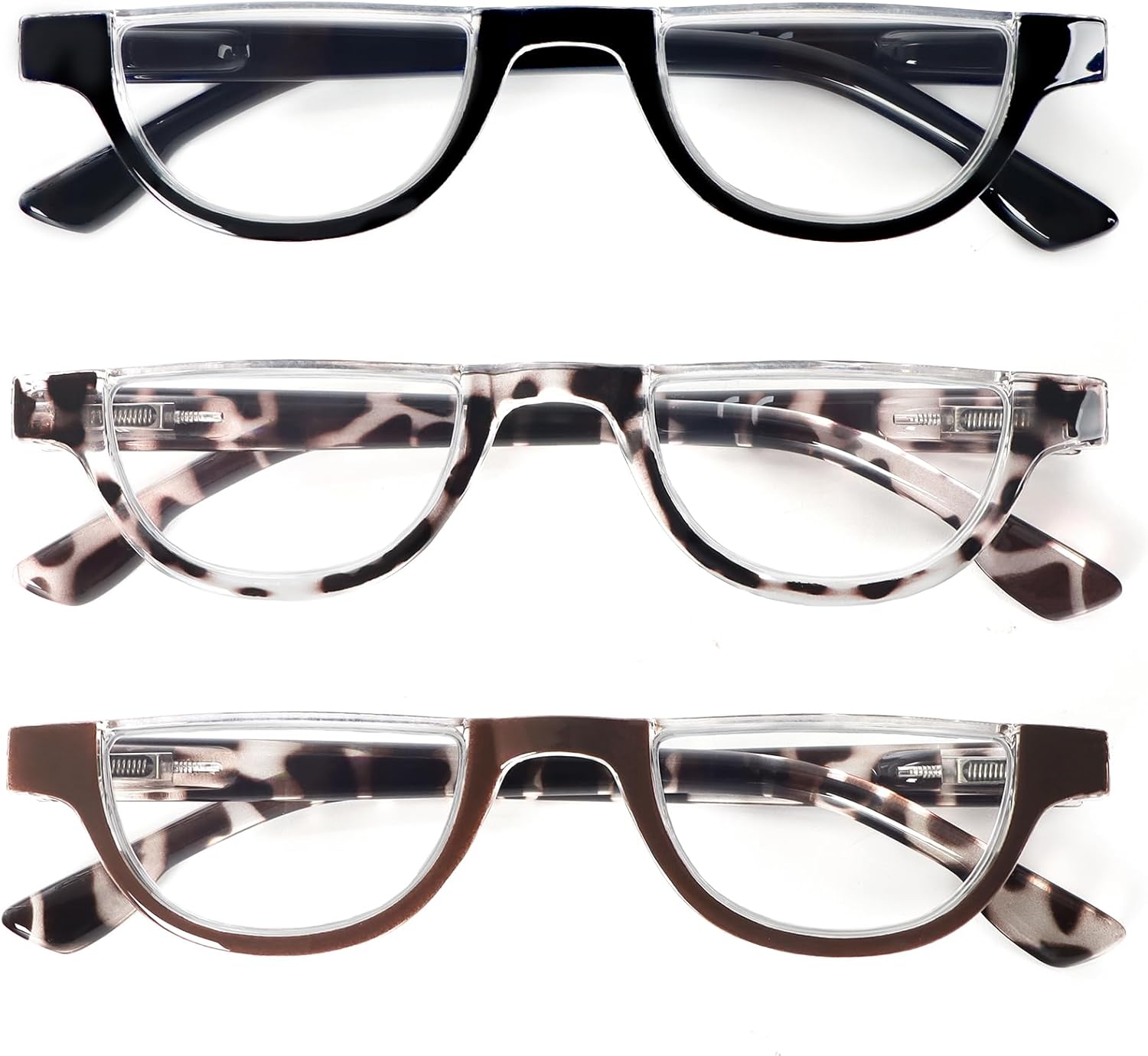 DXYXYO Half Moon Reading Glasses for Women, 3 Pack Small Semi Frame Readers with Spring Hinge Blue Light Blocking