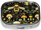 ABLESKY Pill Box, 2 Compartment Pill Organizer Case for Pocket or Purse, Small Portable Metal Travel Medicine Box with Mirror, Daily Vitamins Fish Oil Container-Bee Retro Beautiful Mushroom