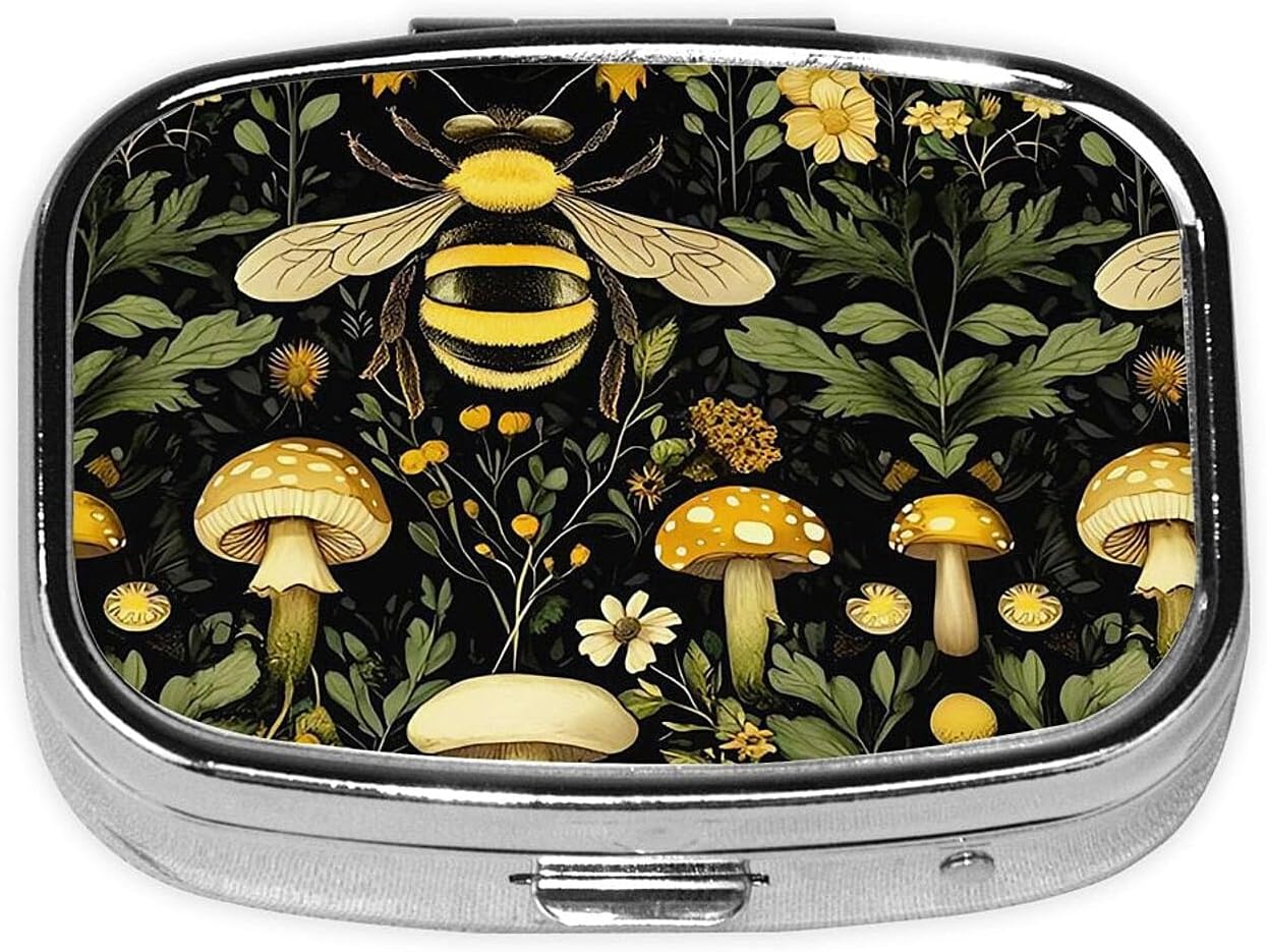 ABLESKY Pill Box, 2 Compartment Pill Organizer Case for Pocket or Purse, Small Portable Metal Travel Medicine Box with Mirror, Daily Vitamins Fish Oil Container-Bee Retro Beautiful Mushroom