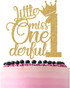 Gold Glitter Little Miss Onederful Cake Topper, One/My 1st Birthday, Baby's 1st Birthday Baby Shower Party Decorations Supplies