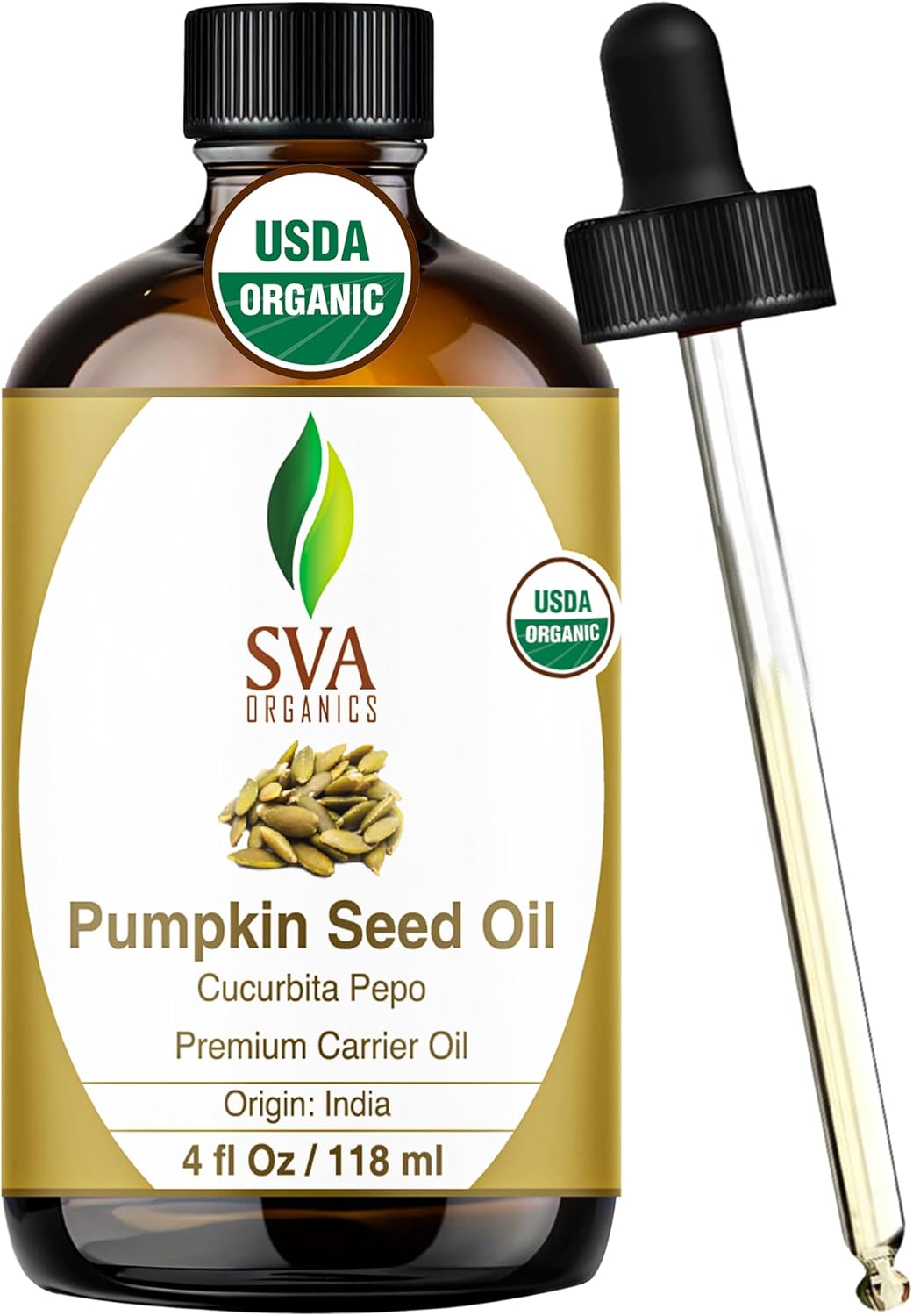 SVA Pumpkin Seed Oil Organic - 4 Fl Oz – 100% Natural Cold Pressed Organic Pumpkin Oil - for Face, Skin Care, Hair Care, Scalp Massage & Body Massage – Carrier Oil with Dropper
