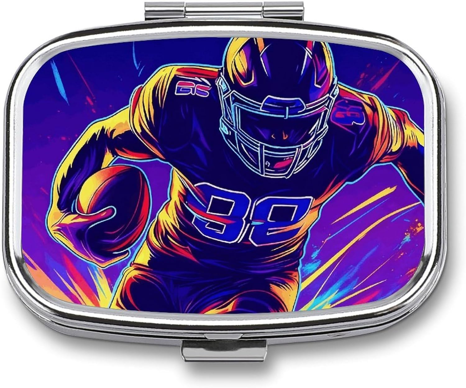 Neon Rugby Players Pill Box Small Pill Organizer with 2 Compartments and Mirror Portable Travel Metal Pillcase for Pocket Or Purse, Privacy-Protecting Medicine Box