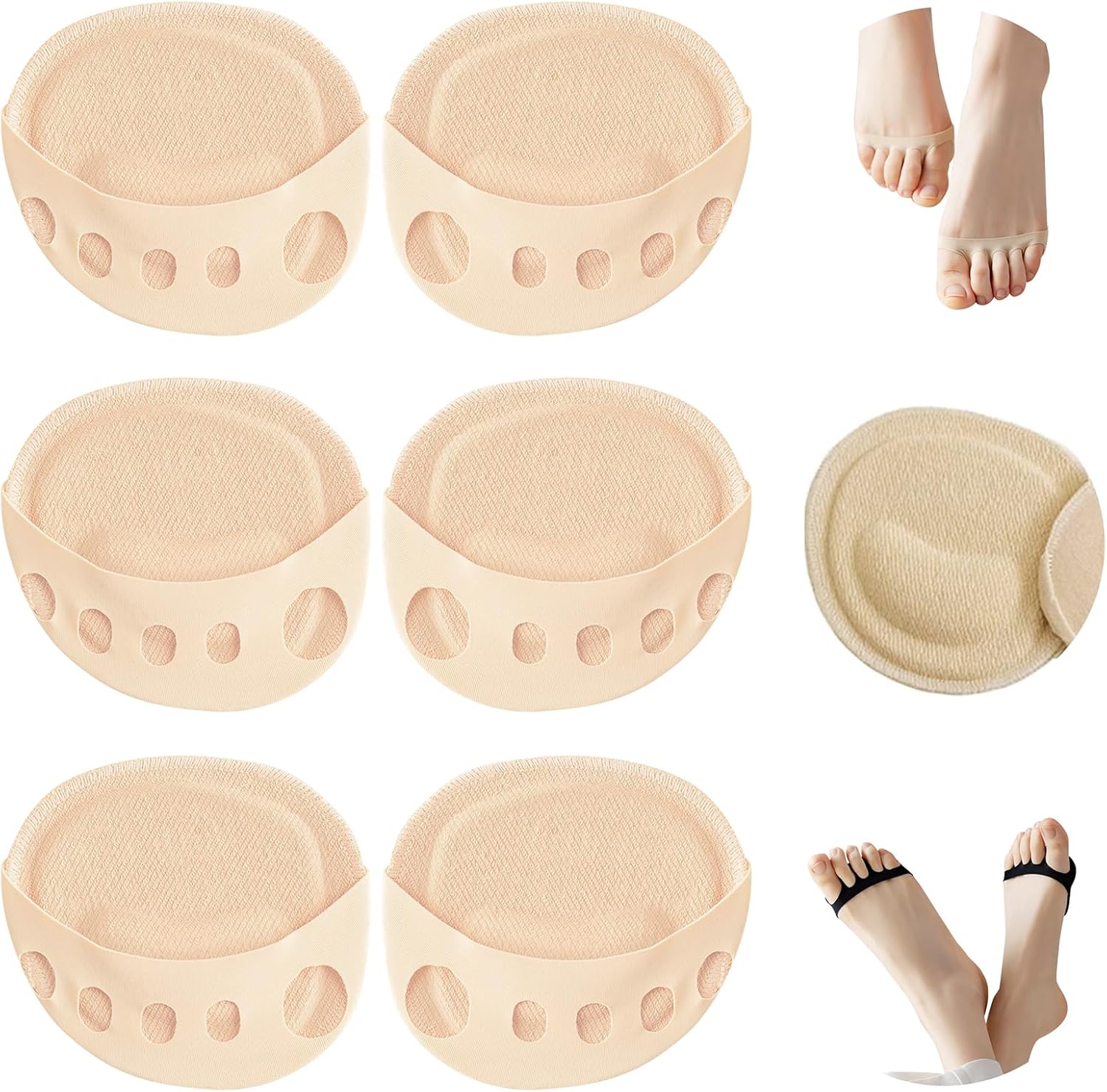 3 Pairs Ball of Foot Cushion Pads Honeycomb Fabric Forefoot Socks Pads Women's Invisible Toeless Half Socks Metatarsal Pads for Women Men Forefoot Care (3Pairs Beige, M)