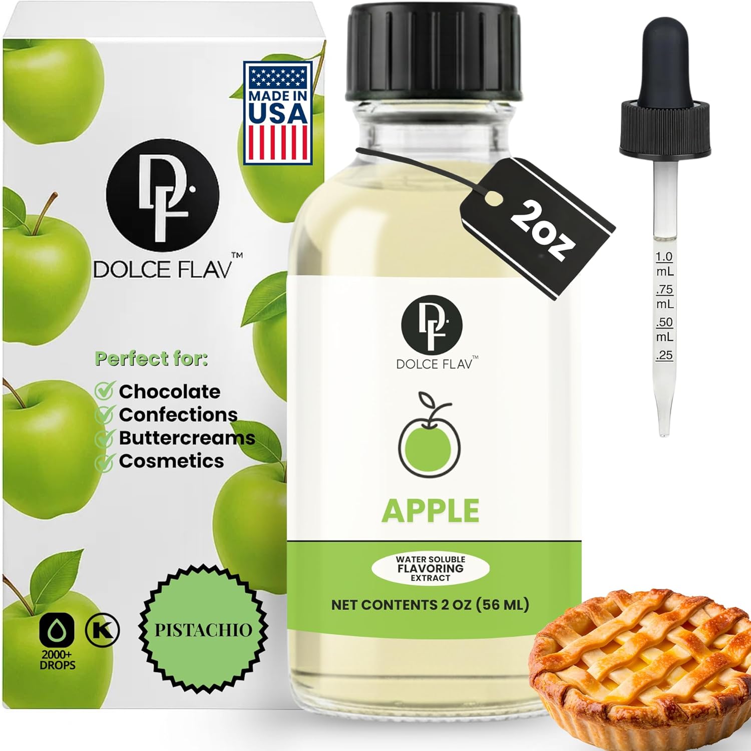 Dolce Flav Apple Extract – 2 Ounce Oil-Soluble Kosher, Sugar-Free, Concentrated Crisp Apple Flavoring for Baking, Chocolates & Desserts, Includes Measured Dropper