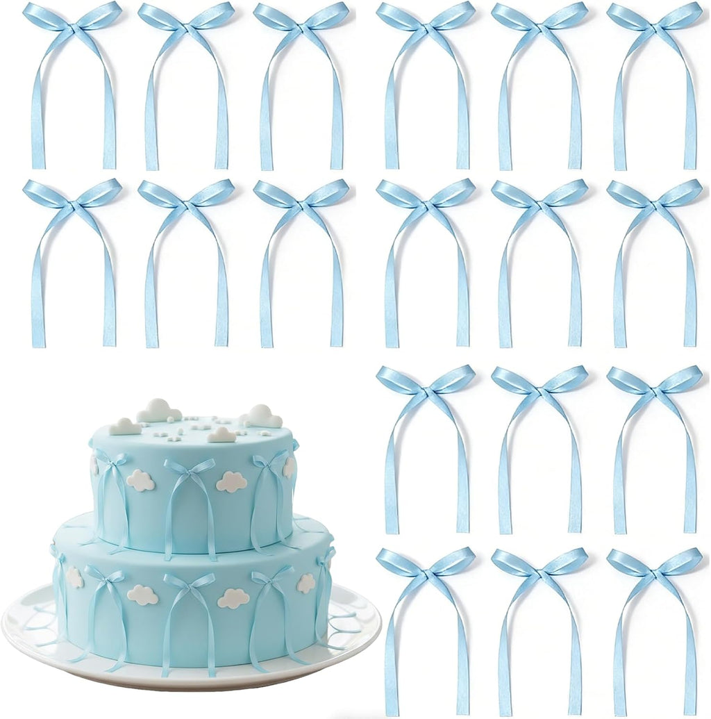 20 PCS Light Blue Bow Cake Toppers, Blue Ribbon Bows for Cake, Bow Decorations for Birthday, Baby Shower, Wedding, Bachelorette, Graduation, Dessert Table, Engagement, Mothers Day Decorations