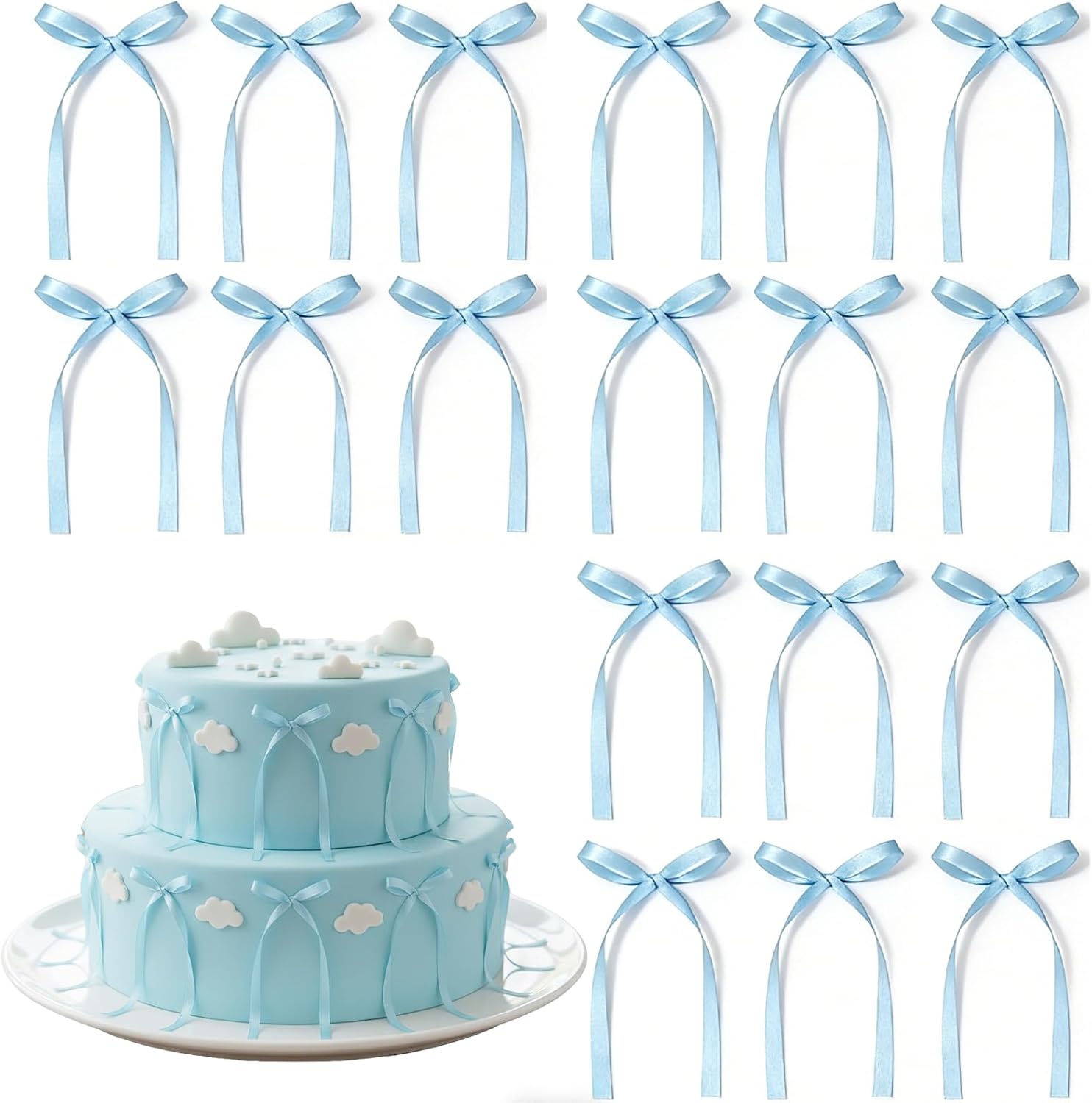20 PCS Light Blue Bow Cake Toppers, Blue Ribbon Bows for Cake, Bow Decorations for Birthday, Baby Shower, Wedding, Bachelorette, Graduation, Dessert Table, Engagement, Mothers Day Decorations