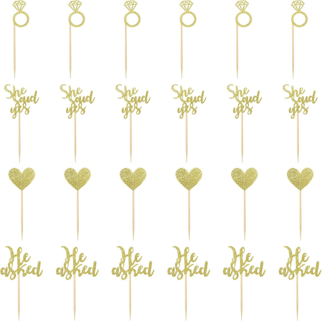 24 Pcs He Asked She Said Yes Cake Topper Gold Cupcake Toppers Heart Diamond Ring Cupcake Picks Glitter Cupcake Decorations for Wedding Engagement Bridal Shower Party Cake Decorations