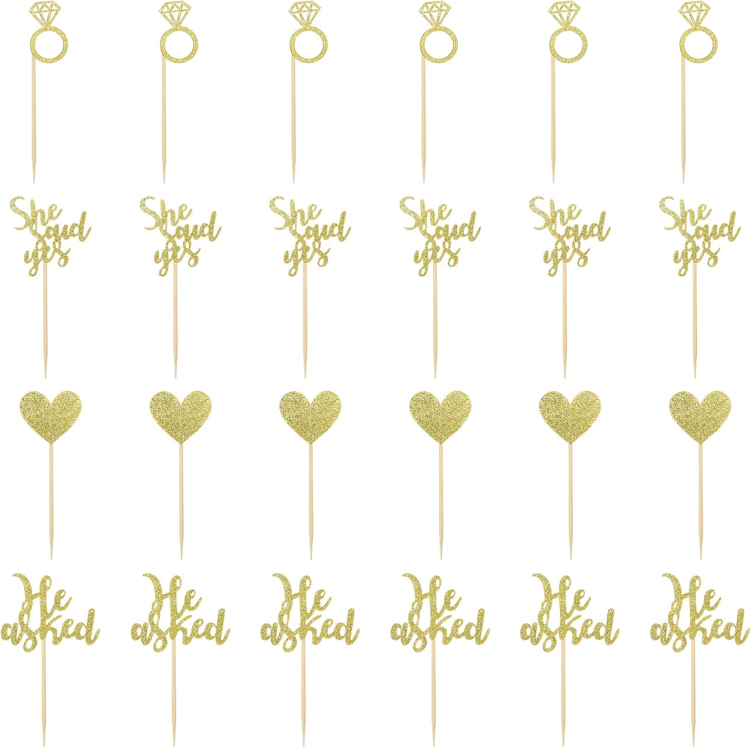 24 Pcs He Asked She Said Yes Cake Topper Gold Cupcake Toppers Heart Diamond Ring Cupcake Picks Glitter Cupcake Decorations for Wedding Engagement Bridal Shower Party Cake Decorations