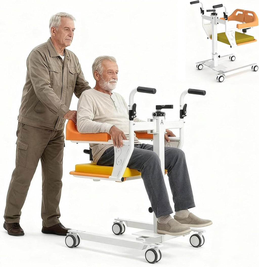 Patient Lift Transfer Chair for Home, Adjustable Height Transfer Wheelchair with 180° Split Seat, Portable Mobility Transport Chair for Elderly, Disabled & Caregiver Use