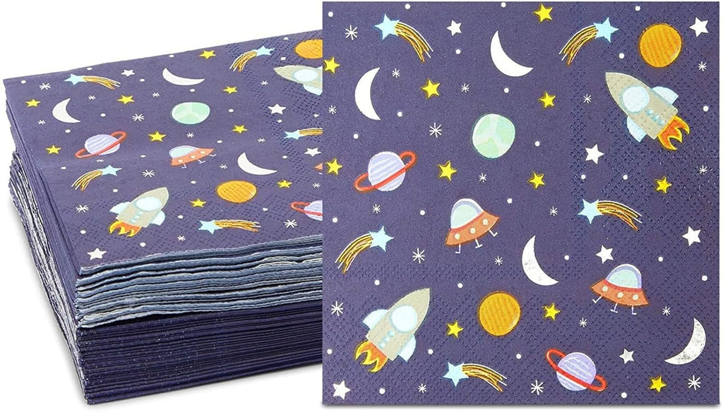 BLUE PANDA Rocket Ship Space Napkins - 5 x 5 in, 50-Count, 3-Ply Blue - Outer Space Party & Birthday Decorations - Kids Party Napkins