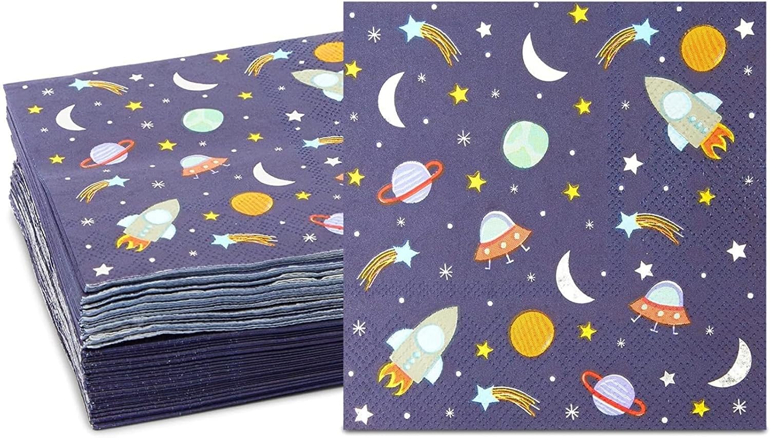 BLUE PANDA Rocket Ship Space Napkins - 5 x 5 in, 50-Count, 3-Ply Blue - Outer Space Party & Birthday Decorations - Kids Party Napkins