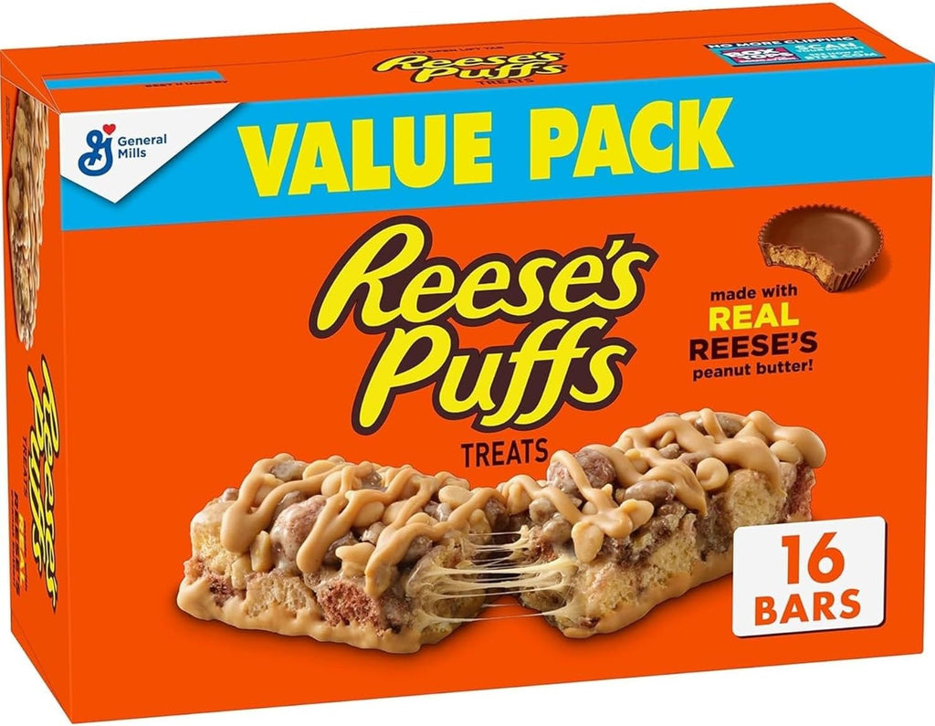 REESE'S Puffs Cereal Treat Bars, Peanut Butter and Cocoa, Snack Bars, Value Pack, 16 Ct, 13.6 oz