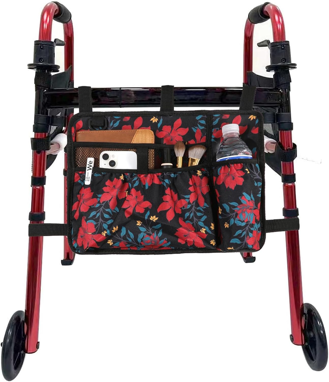 Walker Bag Basket with Cup Holder Suit for Adult Folding Walkers Rollator Organizer Carry Storage Pouch Water-Resistant Armrest Accessories for Seniors, Elderly, Handicap (Bauhinia)