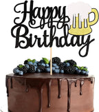 Beer Happy Birthday Cake Topper - Black Glitter Wine Glass Cake Decoration for Beer Themed Birthday Parties for Men and Women- Style 1