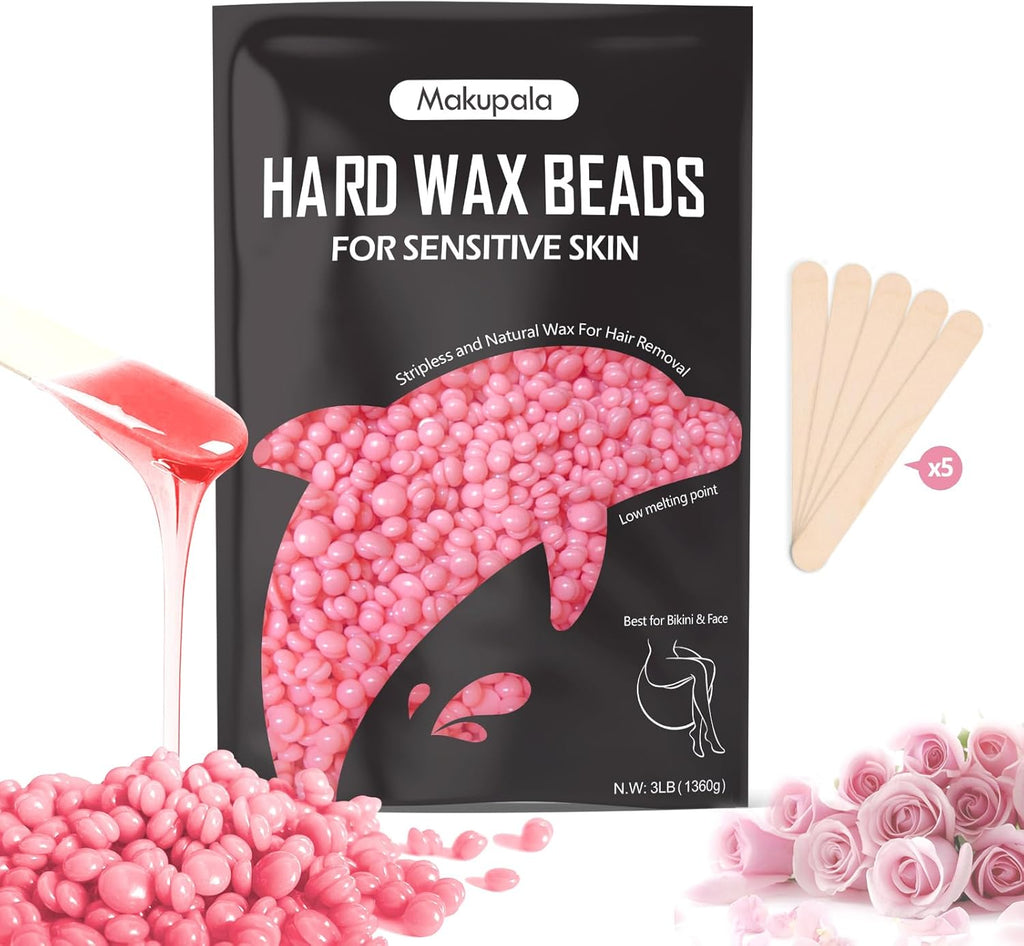 3lb Pink Hard Wax Beads, Rose Scent Creamy Brazilian Wax for Sensitive Skin & Fine Hair, Crack-Resistant Formula, Less Residue Stripless Wax for Face, Bikini & Body, Frequent Home Use & Salon Use