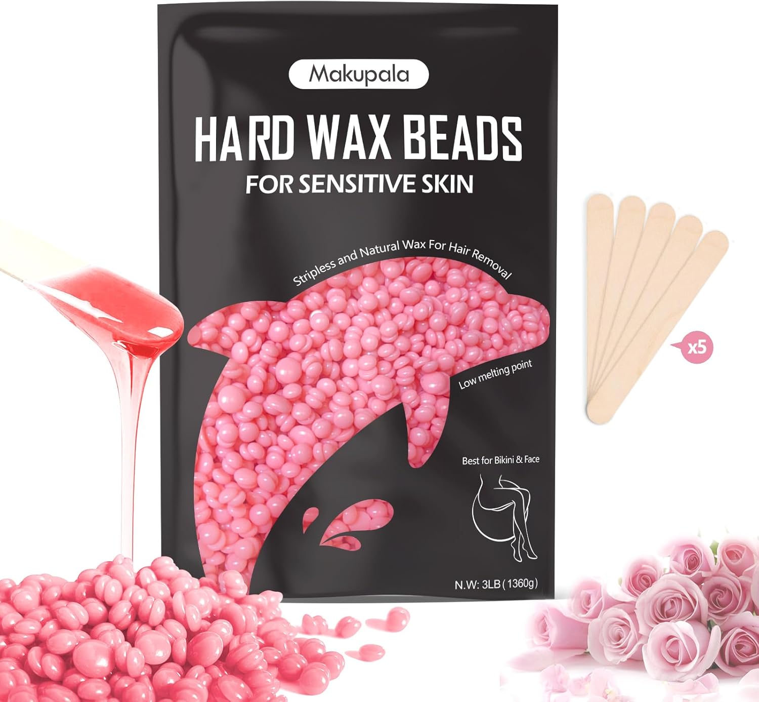 3lb Pink Hard Wax Beads, Rose Scent Creamy Brazilian Wax for Sensitive Skin & Fine Hair, Crack-Resistant Formula, Less Residue Stripless Wax for Face, Bikini & Body, Frequent Home Use & Salon Use