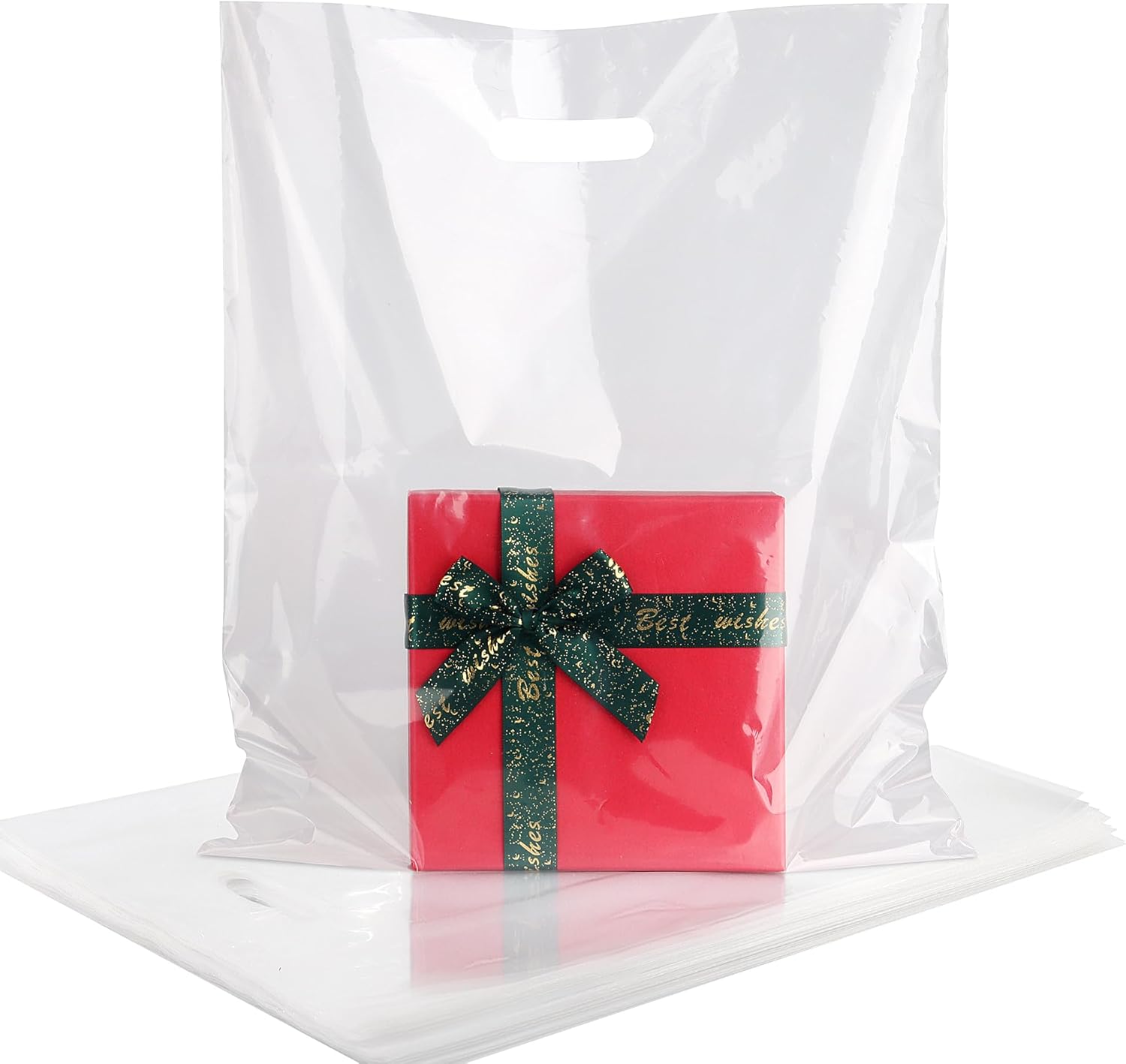 50 Pack Large Clear Plastic Shopping Bags with Die-Cut Handles, 15 x 18 Inch, 1.75 Mil Thick Retail Gift Bags for Events, Clothing & Boutiques