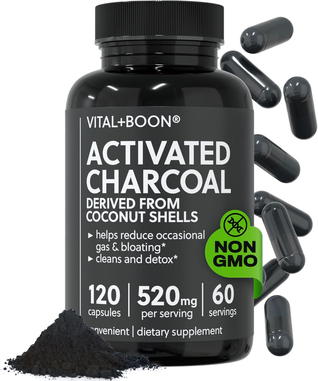 Vital+Boon Activated Charcoal Pills – Derived from Coconut Shells – Black Charcoal Binder for Stomach, Gas & Bloating Relief – Gluten Free Vegetarian Active Carbon to Support Detox (120 Capsules)