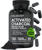 Vital+Boon Activated Charcoal Pills – Derived from Coconut Shells – Black Charcoal Binder for Stomach, Gas & Bloating Relief – Gluten Free Vegetarian Active Carbon to Support Detox (120 Capsules)