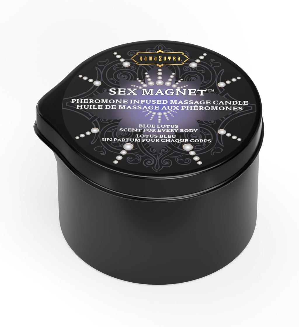 Kama Sutra Pheromone Massage Candle 2oz with Pour Spout, Coconut Oil, Shea Butter, and Pheromone Infused Blue Lotus Scent