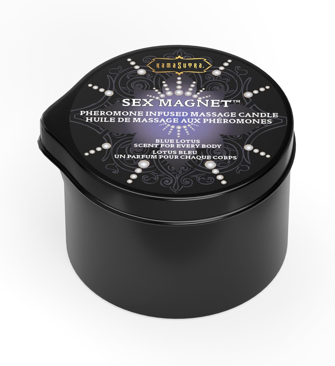 Kama Sutra Pheromone Massage Candle 2oz with Pour Spout, Coconut Oil, Shea Butter, and Pheromone Infused Blue Lotus Scent