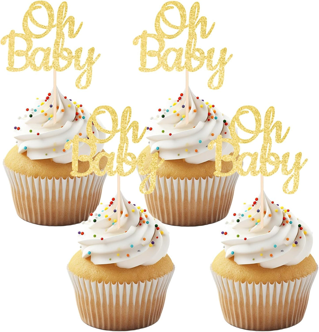12PCS Gold Glitter "Oh Baby" Cupcake Toppers Elegant Cake Decoration for Baby Showers Party Decor for Gender Reveal & Celebrations