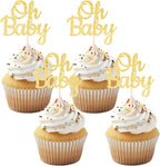 12PCS Gold Glitter "Oh Baby" Cupcake Toppers Elegant Cake Decoration for Baby Showers Party Decor for Gender Reveal & Celebrations