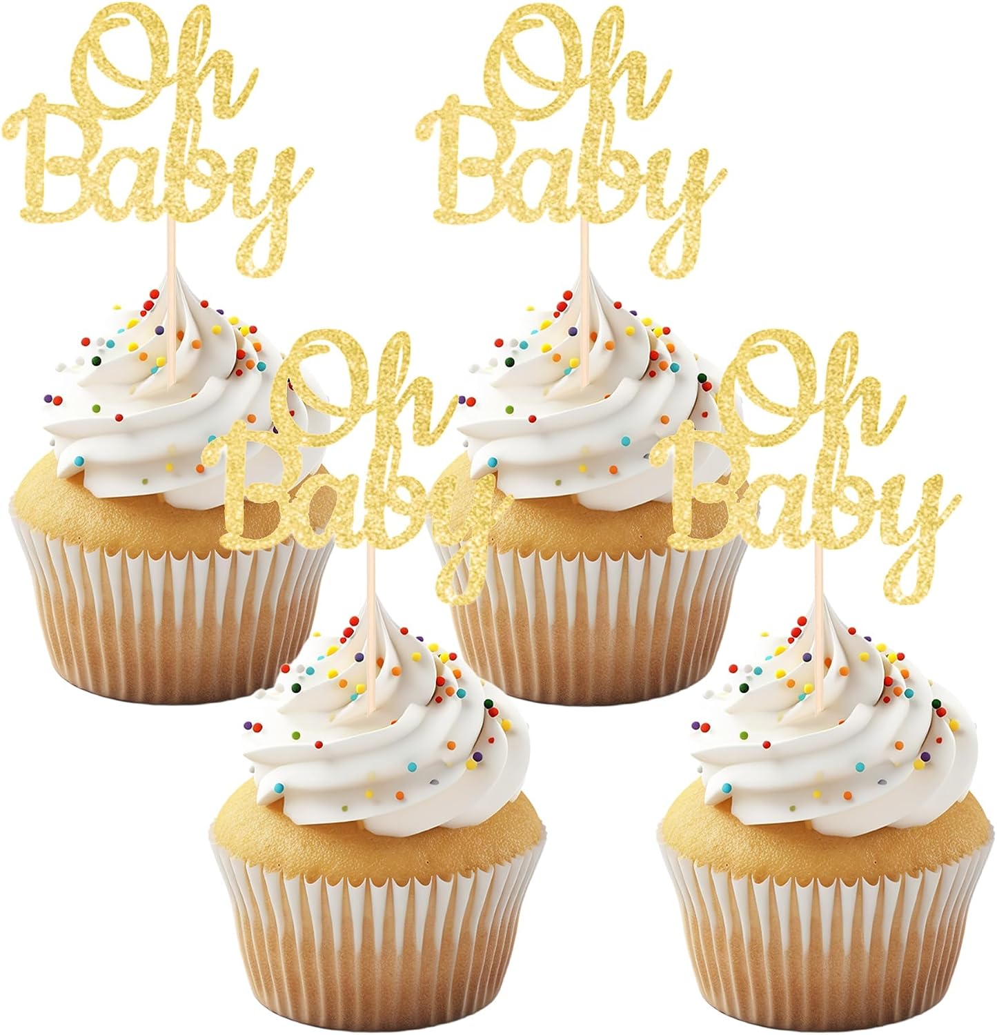 12PCS Gold Glitter "Oh Baby" Cupcake Toppers Elegant Cake Decoration for Baby Showers Party Decor for Gender Reveal & Celebrations