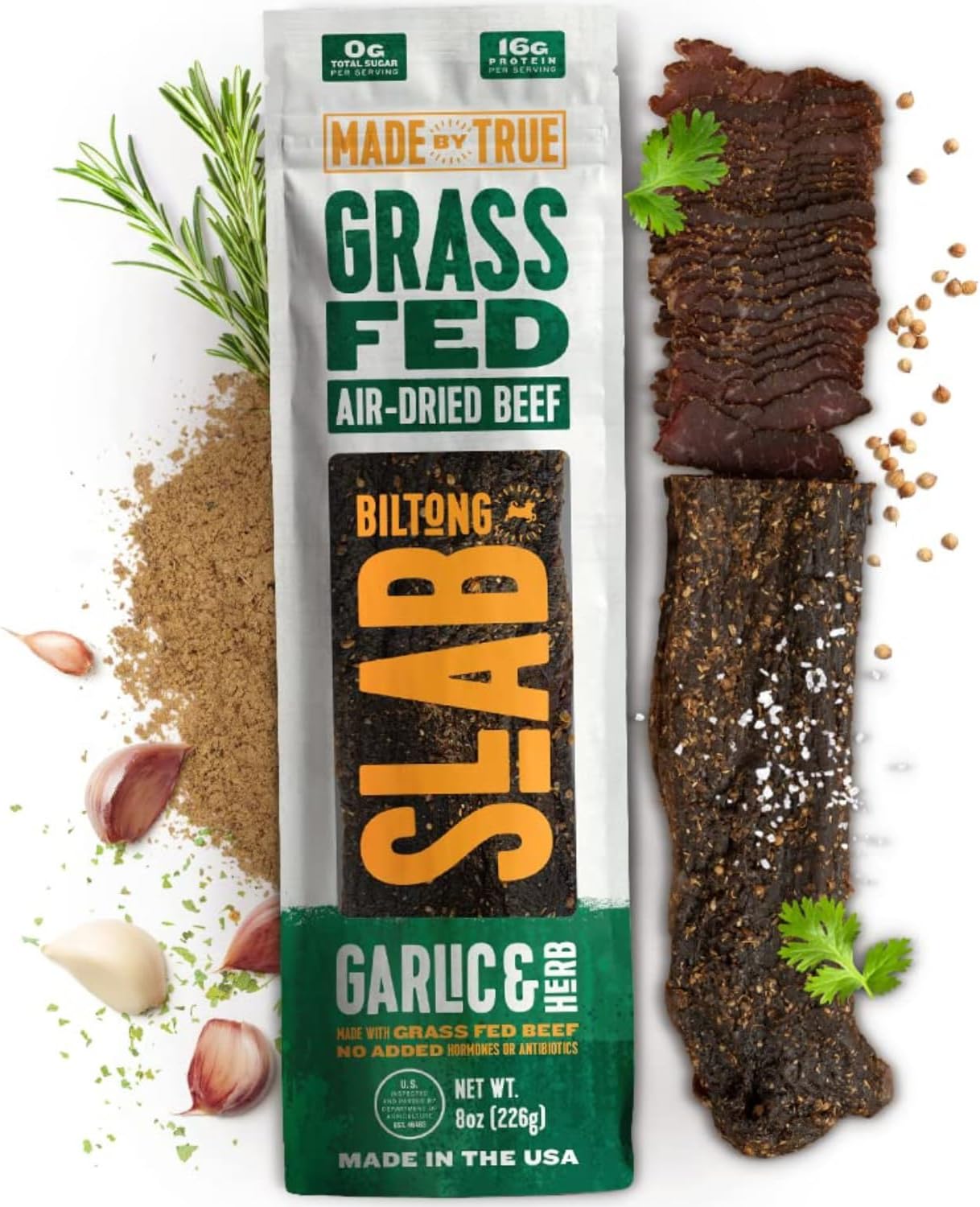 Made by True Garlic & Herb Biltong Slab - Grass-Fed Beef Whole Jerky Slab (8 oz, Pack of 1) - High-Protein Keto Snack, Natural, Antibiotic-Free & Gluten-Free - Uncut Beef Jerky with Bold Garlic Flavor